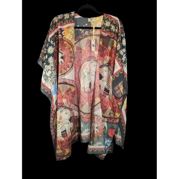 NWT JC Sunny Kimono Wrap Beautiful Indian Elephant Print Boho Old Money - Picture 1 of 6